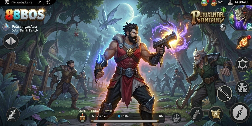 Screenshot menampilkan aksi mendebarkan dalam dunia fantasi 88BOS.