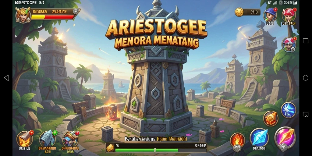 Screenshot gameplay ARIESTOGEL menampilkan menara yang siap bertahan dari serangan musuh.