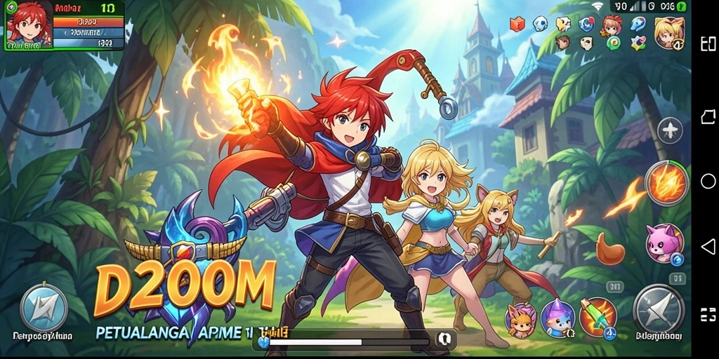 Tangkapan layar utama D200M menampilkan karakter Anime dalam aksi seru.