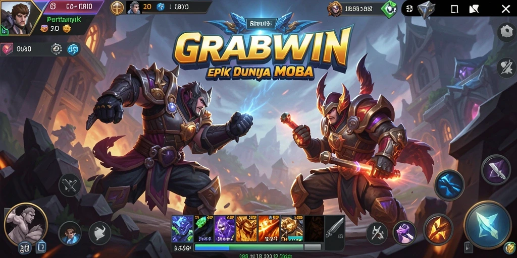 Tangkapan layar permainan GRABWIN dengan aksi seru dan karakter khas MOBA.
