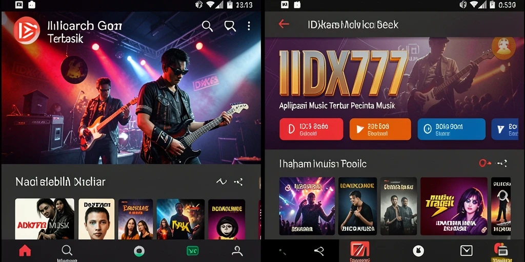 Screenshot gameplay IDX777 menampilkan antarmuka aplikasi dan fitur pencarian musik.