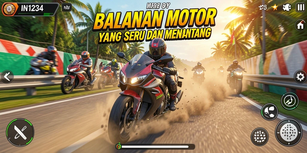 Tampilan gameplay seru di IN1234 dengan motor balapan yang cepat.