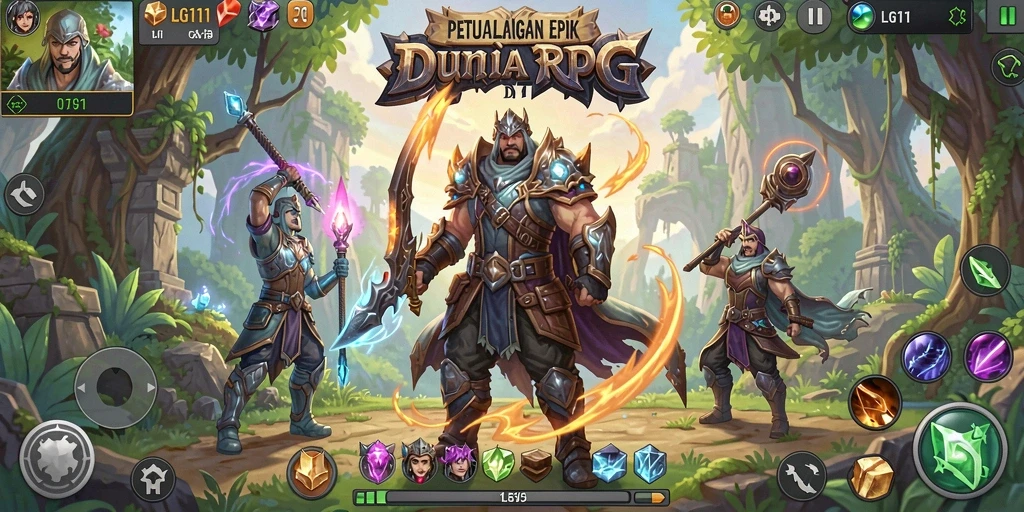 Screenshot gameplay LG111 menampilkan pertarungan epik di dunia RPG.