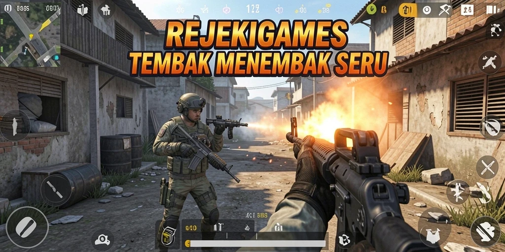 Tampilan gameplay seru dalam REJEKIGAMES saat aksi tembak menembak.