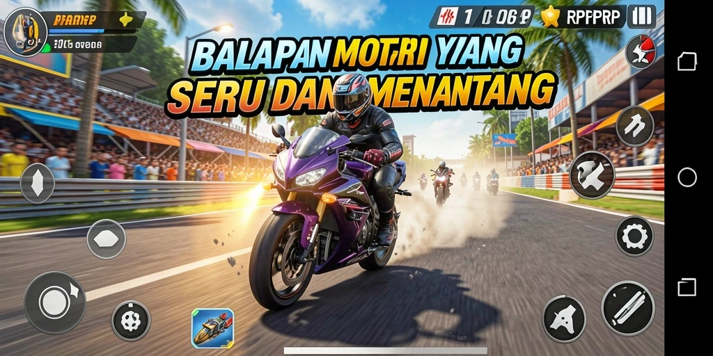 Tampilan utama gameplay RPRPRP dengan aksi balapan motor yang seru.