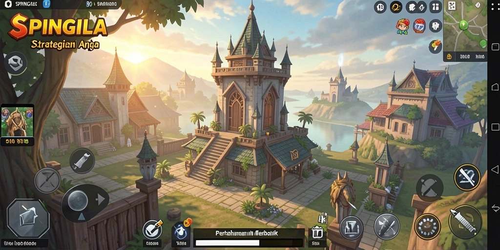 Screenshot menunjukkan gameplay SPINGILA dengan menara yang strategis.